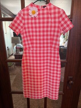 Ann Taylor Pink Gingham Sheath Dress with Daisy Applique Short Sleeve Size 2